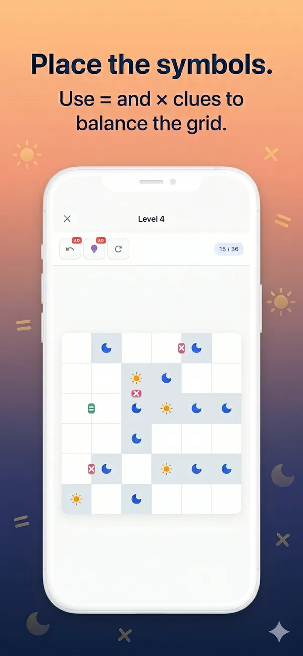 Tango level 4 in progress: suns and moons on a 6×6 grid with = and × markers between cells