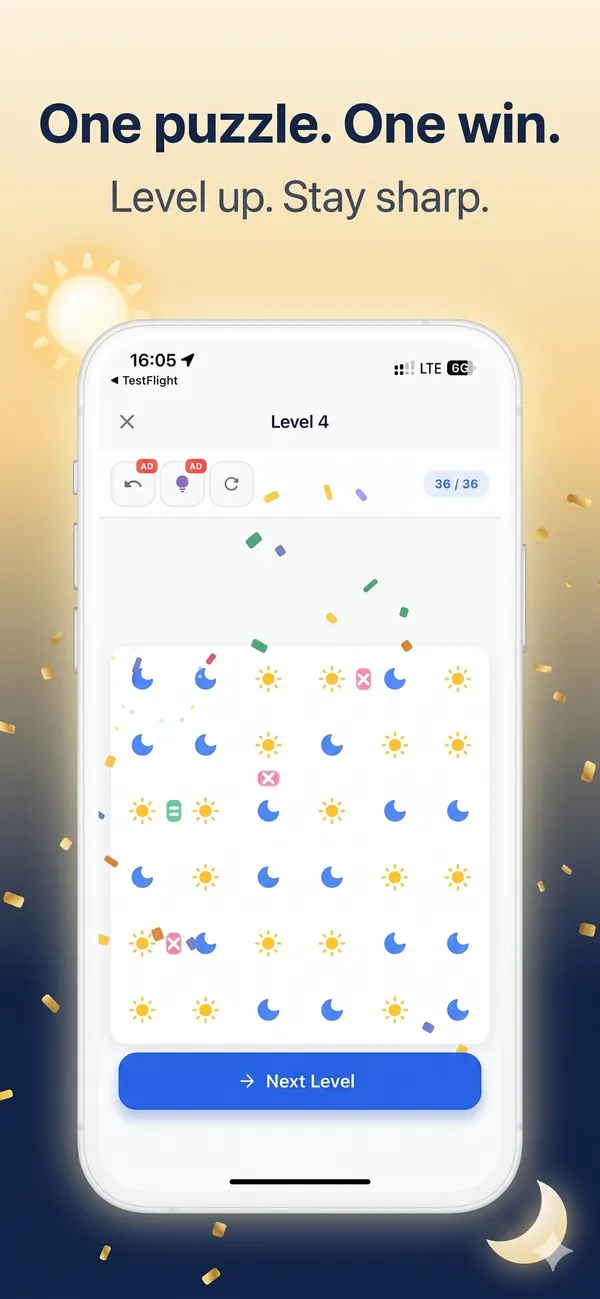 A solved Tango board with every row and column balanced and the Next Level button